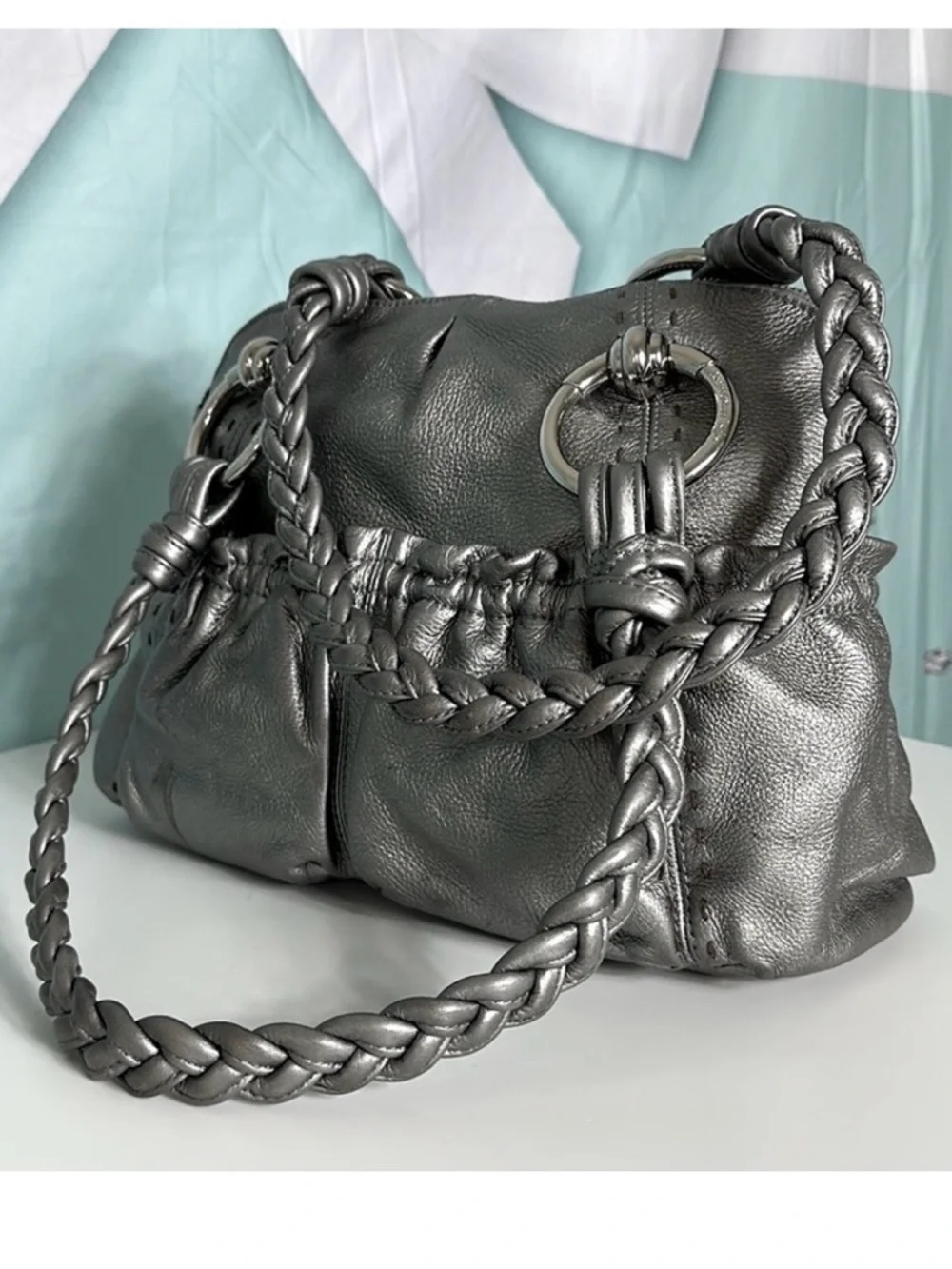 B. MAKOWSKI Pebbled Leather Hobo Bag A211928 Grey Pockets Braided Straps Classic